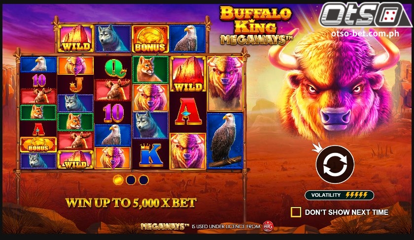 Play Buffalo King Megaways for real money or for free in demo mode at Slot Otsobet. This Pragmatic Play game has an RTP of 96.52% and a max win of x5000.